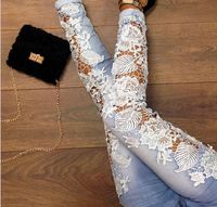 Sexy Women' s Denim Light Blue Skinny Jeans Crochet Lace...