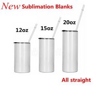 12 15 20 oz Straight Sublimation Tumblers with Lid Straw Bla...