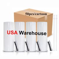 US Stock 20oz Sublimation Straight Tumblers Blanks White 304 Stainless Steel Vacuum Insulated Slim DIY Car Coffee Mugs with Straw Lid