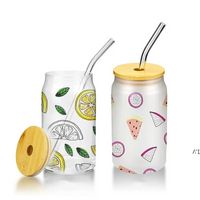 15OZ Sublimation Glass Beer Mugs with Bamboo Lid Straw Tumblers DIY Blanks Frosted Clear Can Cups Heat Transfer Cocktail Iced PRO232