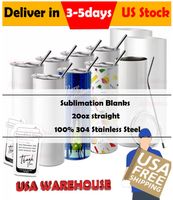 US Warehouse Sublimation Blanks Tumblers 20oz Stainless Steel Straight Blank Mugs white Tumbler with Lids and Straw Heat Transfer Gift Mug Bottles 0323