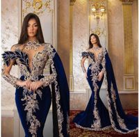 Royal Blue Velvet Mermaid Prom Dress Long Puffy Sleeves V-Neck Evening Dress 2023 Pleats Beading Evening Gowns