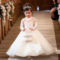 Cheap Ivory Long Sleeve Ball Gown Lace Flower Girl Dresses 2...
