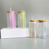 16oz Iridescent Straight Sublimation Tumblers Glass Can Shaped Water Bottle With Bamboo Lid And Straws Frosted Transparent Mugs Cups