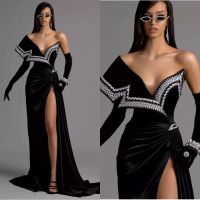 2022 Black Velvet Evening Gowns Sweep Train Off the Shoulder...