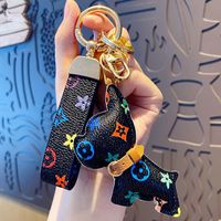 Cartoon Dog Shape Keychain with Lanyard Accessories Women Girls Brown Flower Keyring Cute PU Leather Designer Car Key Chain Holder Fashion Simple Color Matching