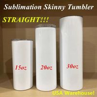 Local Warehouse 15oz 20oz 30oz Sublimation tumblers straight Skinny tumbler Double Wall DIY Blank Tumblers Vacuum Insulated Heat Transfer Coffee Cup with Lid Z11