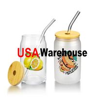 15oz Sublimation Glass Beer Mugs Bamboo Lid Straw DIY Blanks Frosted Clear Can Shaped Tumblers Cups Heat Transfer Cocktail Iced Coffee Soda Whiskey Glasses sxa14