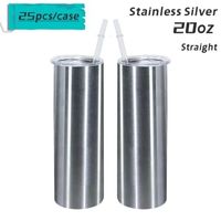 20oz Sublimation Silver Straight Tumblers Stainless Steel Double Wall Coffee Mug Vacuum Insulated Wine Tumblers with Straw and Llid