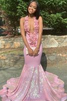 UPS 2022 Pink Shiny Sexy Backless Prom Dresses Deep V neck M...