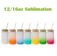 12oz 16oz Sublimation Glass Beer Mugs Gradient Ombre Frosted Cola Can Mason Jar with Bamboo Lid and Straw B0507