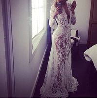 Sexy Women white V Neck Cap Sleeve Long Lace Dress fashion E...