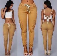 Summer Casual Multi Pocket Pants High Waist Solid Lacing Whi...