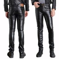 Wholesale- Male Black Faux Leather Pants Motorcycle Biker Ridding PU Trousers For Men Fashion Slim Fit Pencil Pant