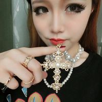 Fashion pearl Long Necklace Rose Cross multilayer pearl pendant necklaceN46 - fashion-pearl-long-necklace-rose-cross-multilayer