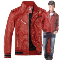 Cheap Red Faux Leather Bomber Jackets PU Coats Mens Fashion Winter Stand Collar Long Sleeves Villus