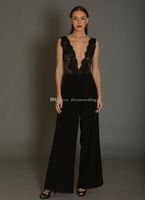Reference Images pantsuit V-Neck black jumpsuit evening dresses 2018 lace bodice pantsuit deep v neckline floor length party prom gowns
