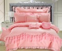 100% Cotton Wedding Woven Cotton denim bed skirt pink lace cotton quilt embroidered lace wedding