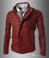 New hot sale Men Stand Collar Motorcycle PU Leather Coat Jacket Slim Fit Outwear Burgundy