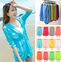 12 Candy colors women summer Sun protection clothing beach shirt long sleeve hooded thin knitted belt