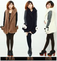 Wholesale-2015 Autumn Winter Womens Ladie Designer Faux Lamb Fur Long Vest Jacket Coat Cute Bear Pocket Design Free Shipping