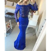 Reference Images Trumpet/Mermaid Bateau 2016 Royal Blue Mermaid Evening Dresses Fashionable Style Boat Neck Lace Sexy V Back Peals Long Sleeve Woman Party Gown