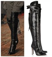 Hot Booties Knee High Boots T-shown Name Brand Women Boots High Heels Fashion Motorcycle Boots Knee Buckles Tassel Shoes Woman
