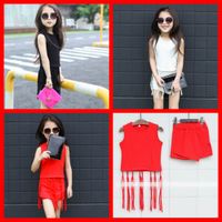 2015 New Fashion Cute Kid Girls Summer Tassel Tops and Asymmetric