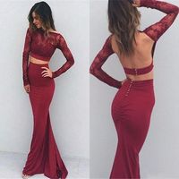 Reference Images Trumpet/Mermaid Scoop Burgundy Lace Bare Back Mermaid Style Formal Dresses Evening Prom Gown Long Sleeve Two Piece Party Prom Evening Dresses