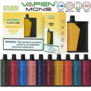 Original VAPEN MONS 6500Puffs Dispositif de vape jetable e cigarettes 16ML e-Liquide Bobine de maille Débit d'air réglable Type-C Kit de mod de conception de patch en cuir de vapeur rechargeable