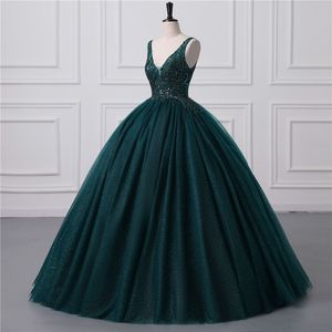 Robes de Quinceanera en Tulle à paillettes vert foncé brillant, Sexy, dos nu, col en V, robe de bal, robes de bal avec Corset au dos, BM3506