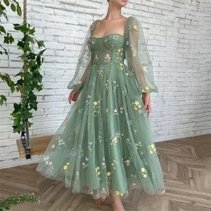 Femmes manches bouffantes Tulle fée florale dame robe Chic thé longueur été robe de demoiselle d'honneur fleur dentelle formelle soirée robes de bal