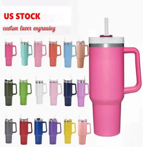 Stock de EE. UU. 40oz tazas de color rosa fuerte tazas de acero inoxidable tazas manejan pajitas de pajitas de agua de cerveza gran capacidad para acampar al aire libre con tapas claras/heladas GG0423