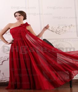 2015 rojo oscuro una línea de vestidos de noche de gasa con flores de un hombro acanalada Prom Dressess MZ0703861004