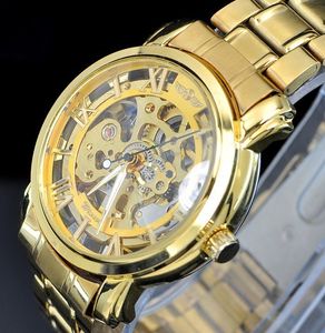Mens Gold Skeleton Steel Self Mechanical Watch mode acier hommes / femmes horloge gagnant marque design élégant poignet robe squelette montres cadeau