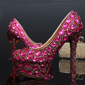 Zapatos de boda fucsia y verde con tacón alto y plataforma de diamantes de imitación con punta redonda, zapatos de cristal para mujer, zapatos de fiesta de noche de lujo