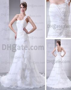 2015 Fashion Spring One épaule Robes de mariée plissées Appliques corset perdages réelles réelles Images 9289580
