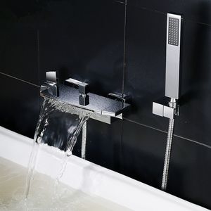 ROLYA Premium en laiton massif luxueux noir/Chrome mural cascade mélangeur de bain robinet robinets de baignoire avec douchette