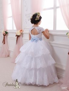 2016 vestido de fiesta para niños, vestidos de novia con mangas casquillo y encaje en la espalda, tul con apliques de encaje, hermosos vestidos de primera comunión para niñas pequeñas