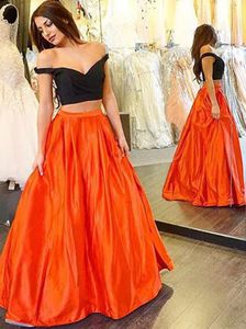 2016 Vestidos de fiesta largos negros fuera del hombro Vestido de fiesta de 2 piezas Tafetán Una línea Naranja Mujeres Ocasiones especiales Eventos Vestidos de fiesta de noche en línea