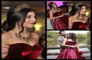 Vestidos de fiesta de fiesta de 2016 Vestidos de Fiesta Real Picture Novia Borgoña Borgoña Red Velvet Satin Ball Gown Formal Long Gowns1515316