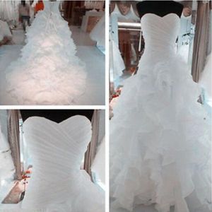 Image réelle robes de mariée de haute qualité haut froncé col en cœur sans manches volants jupe à lacets corset dos organza robes de mariée personnalisé