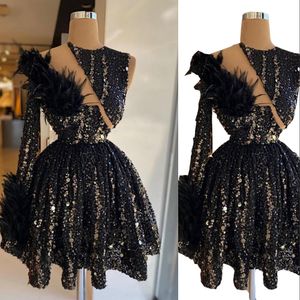 2022 plumes scintillantes robes de cocktail à manches longues luxe perlé noir paillettes femmes africaines paillettes robes de soirée courtes retour robe de soirée formelle