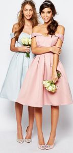 Robes de demoiselle d'honneur en satin rose longueur genou simples sur l'épaule plissée fermeture éclair robes de bal formelles robe d'invité de mariage junior bleu