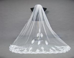 2016 Noble White Ivory Wedding Maring Bridal Lace Appliques Cathedral Train Tulle Veil Face Veil ZJ1215614699