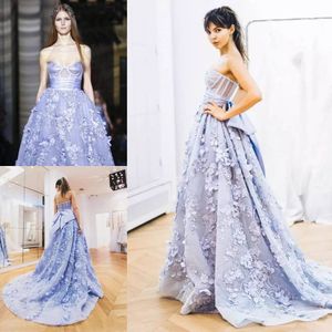 2023 élégantes robes de soirée lavande Zuhair Murad 3D Floral Applique voir à travers chérie dos nu balayage train robes de bal avec arc