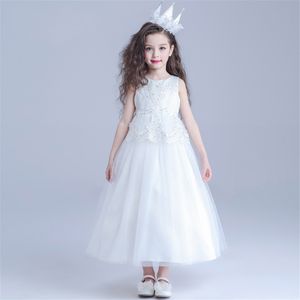 Vestidos de flores para niñas, tamaño Stock, blanco, con cuentas, largo hasta el suelo, vestido de primera comunión para niñas, vestido de princesa de tul acampanado para niñas