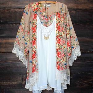 2023 Kimono mujer Kimono chaqueta gasa cárdigan manga larga blusa superior playa cubrir blusa borla flor patrón chal Kimono cárdigan