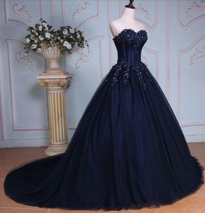 Robe de bal bleu marine longues robes de mariée colorées chérie dentelle perlée appliques corset robes de mariée non blanches non traditionnelles
