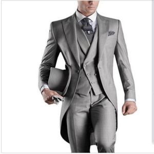 2017 Nouvelle arrivée Italien Men Tailcoat Grey Wedding Costumes for Men Groomsmen 3 Pieces Le marié Costumes de mariage Peak Abel Men Suits 278a